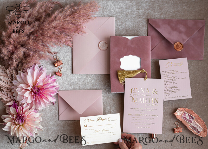 Stunning Glamour Pink Velvet Wedding Invitations with Luxury Golden Tassel Details: The Perfect Choice for Your Special Day-11