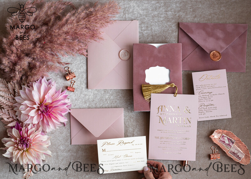 Stunning Glamour Pink Velvet Wedding Invitations with Luxury Golden Tassel Details: The Perfect Choice for Your Special Day-12
