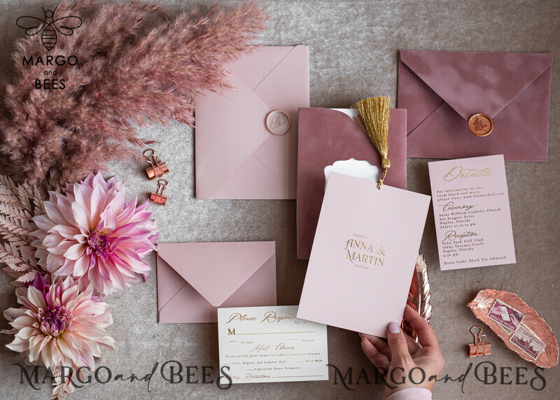 Stunning Glamour Pink Velvet Wedding Invitations with Luxury Golden Tassel Details: The Perfect Choice for Your Special Day-6