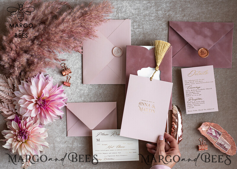 Stunning Glamour Pink Velvet Wedding Invitations with Luxury Golden Tassel Details: The Perfect Choice for Your Special Day-7