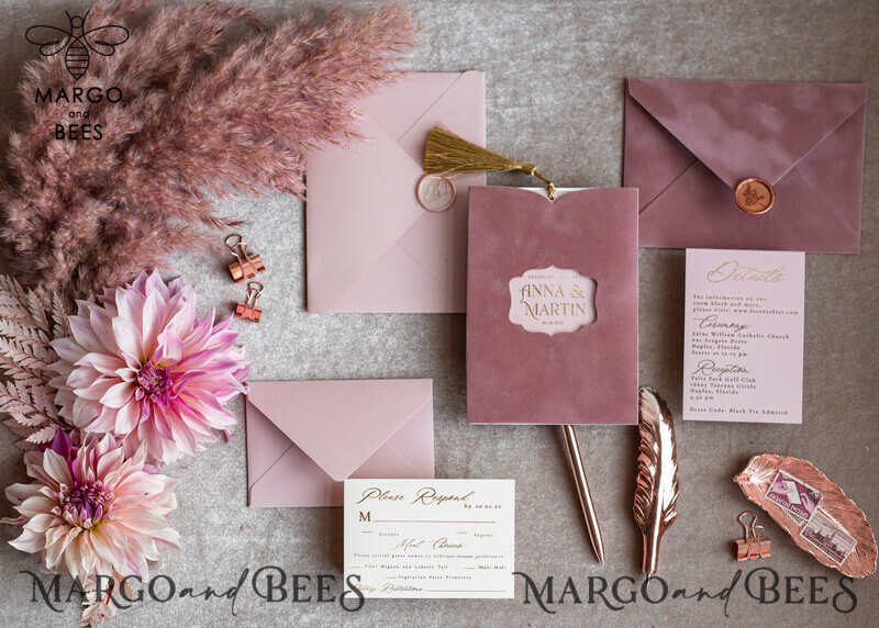 Stunning Glamour Pink Velvet Wedding Invitations with Luxury Golden Tassel Details: The Perfect Choice for Your Special Day-2