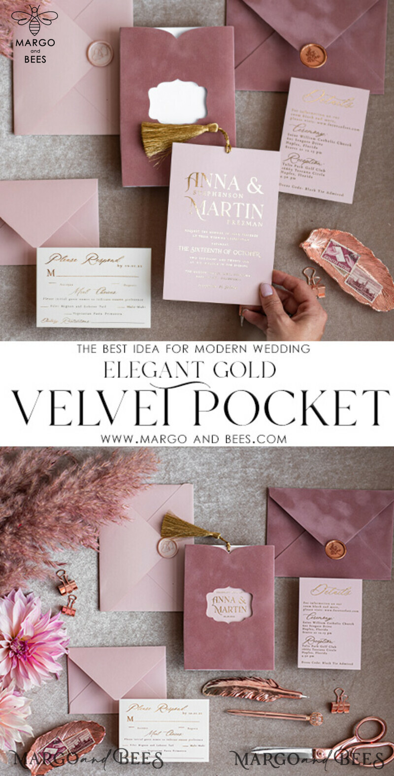 Stunning Glamour Pink Velvet Wedding Invitations with Luxury Golden Tassel Details: The Perfect Choice for Your Special Day-3