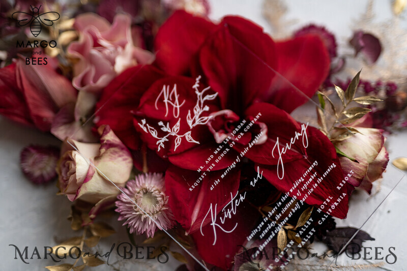 Luxury Golden Arabic Wedding Invitations: Elegant Plexi Acrylic, Bespoke Burgundy Indian Wedding Cards with Glamour Golden Shine Wedding Stationery-8