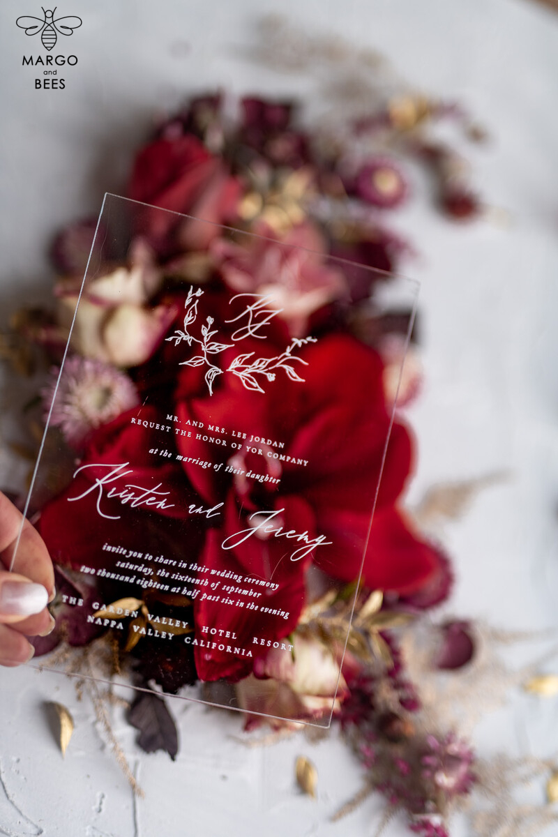 Exquisite Luxury Golden Arabic Wedding Invitations: Elegant Plexi Acrylic Design, Bespoke Burgundy Indian Cards, Glamourous Golden Shine Wedding Stationery-9