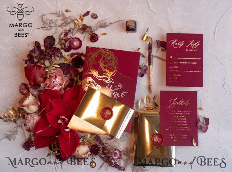  Luxury Golden Arabic Wedding Invitations, Elegant Plexi Acrylic Wedding Invites, Bespoke Burgundy Indian Wedding Cards, Glamour Golden Shine Wedding Stationery-2