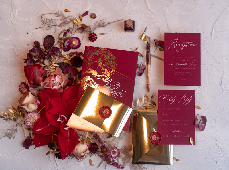 Marsala wedding invitation Suite, Luxory Indian Red and Gold Wedding Cards, Pocket Wedding Invites with burgundy envelope-3