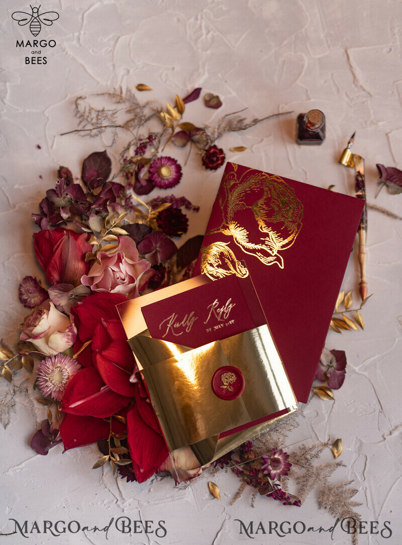 Exquisite Luxury Golden Arabic Wedding Invitations: Elegant Plexi Acrylic Design, Bespoke Burgundy Indian Cards, Glamourous Golden Shine Wedding Stationery-4