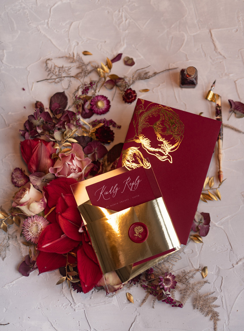 Marsala wedding invitation Suite, Luxory Indian Red and Gold Wedding Cards, Pocket Wedding Invites with burgundy envelope-4