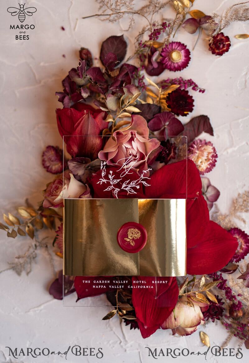 Luxury Golden Arabic Wedding Invitations: Elegant Plexi Acrylic Wedding Invites for Bespoke Burgundy Indian Wedding Cards and Glamour Golden Shine Wedding Stationery-3