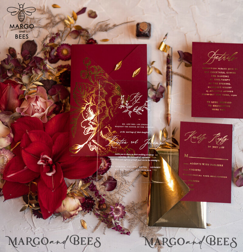 Luxury Golden Arabic Wedding Invitations: Elegant Plexi Acrylic Wedding Invites for Bespoke Burgundy Indian Wedding Cards and Glamour Golden Shine Wedding Stationery-0