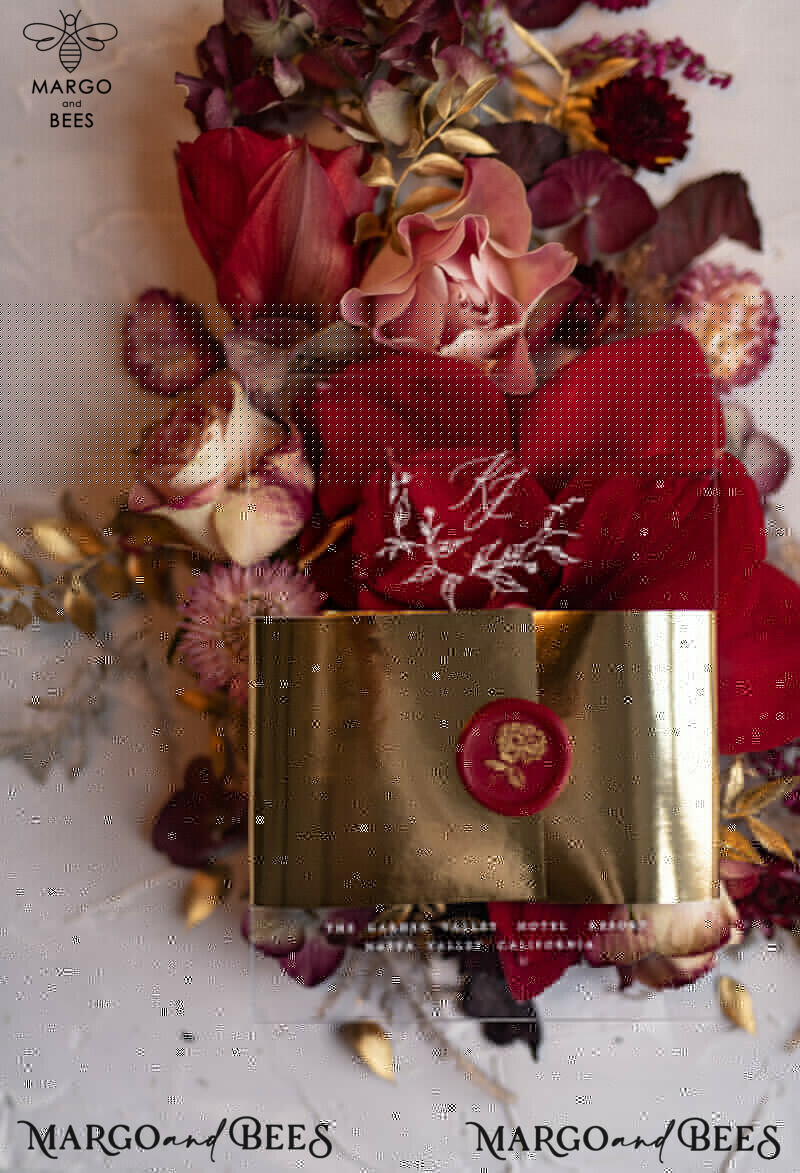 Exquisite Luxury Golden Arabic Wedding Invitations: Elegant Plexi Acrylic Design, Bespoke Burgundy Indian Cards, Glamourous Golden Shine Wedding Stationery-5