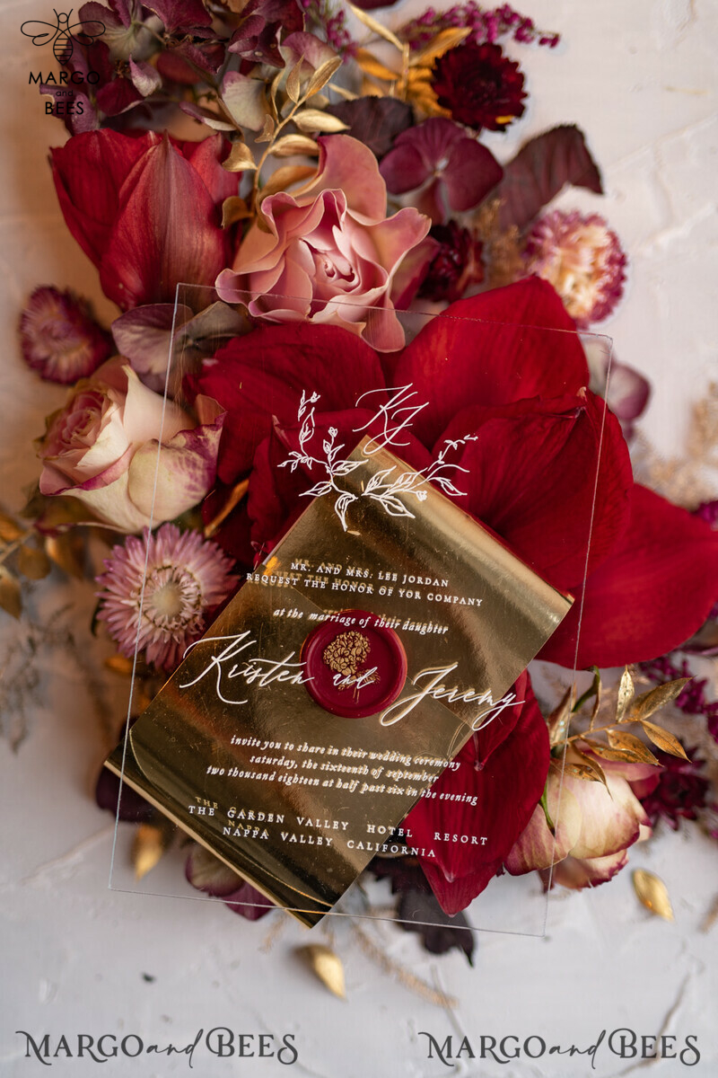 Exquisite Luxury Golden Arabic Wedding Invitations: Elegant Plexi Acrylic Design, Bespoke Burgundy Indian Cards, Glamourous Golden Shine Wedding Stationery-1