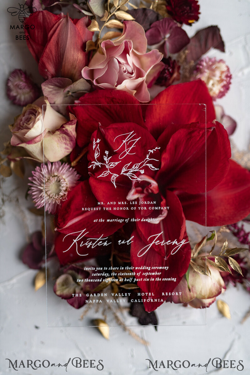 Luxury Golden Arabic Wedding Invitations: Elegant Plexi Acrylic Wedding Invites for Bespoke Burgundy Indian Wedding Cards and Glamour Golden Shine Wedding Stationery-6