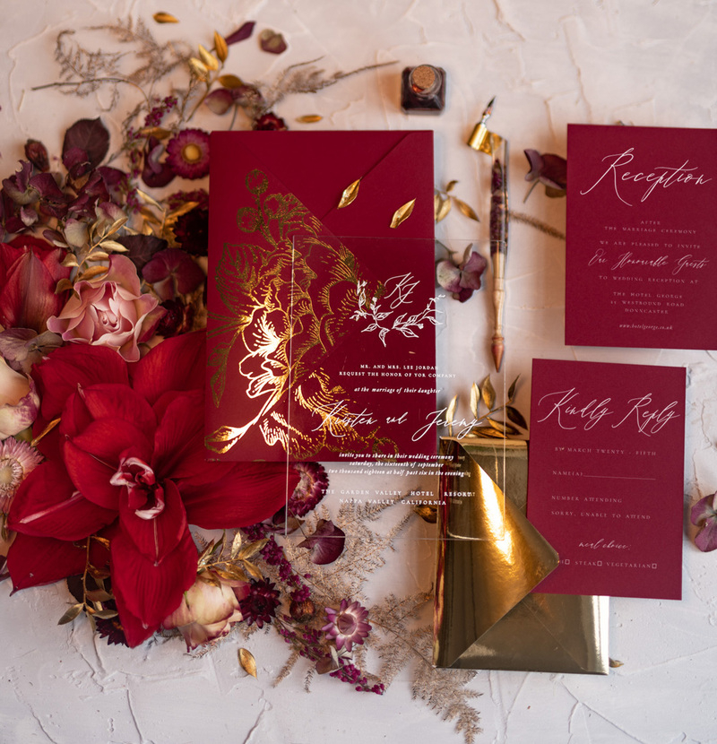 Marsala wedding invitation Suite, Luxory Indian Red and Gold Wedding Cards, Pocket Wedding Invites with burgundy envelope-0