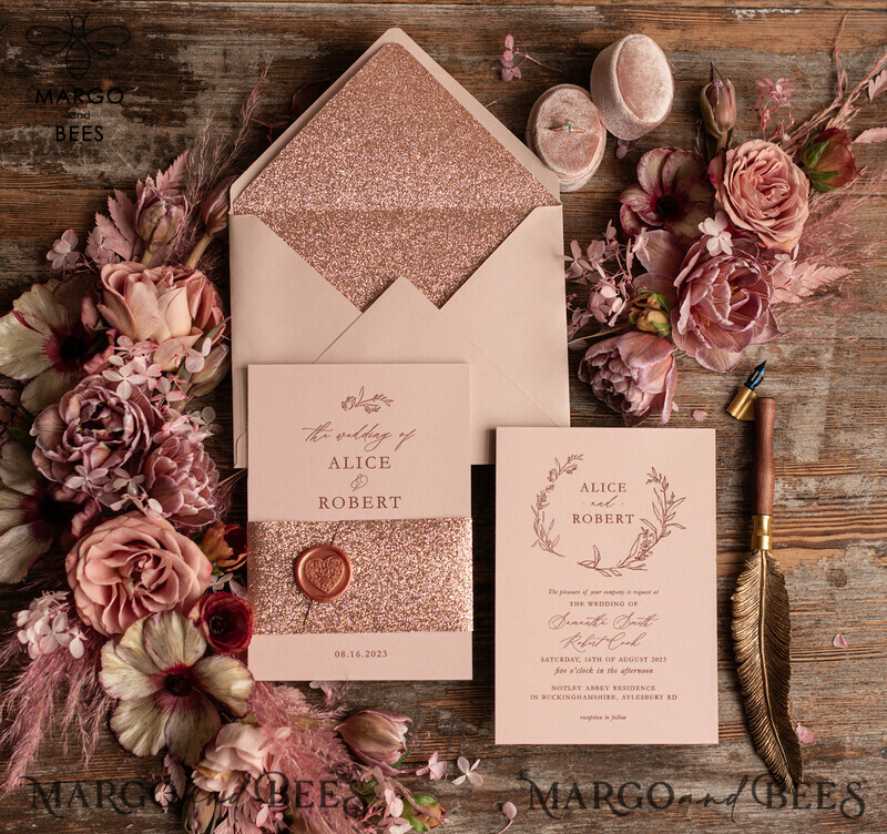 Rose Gold Wedding invitations UK, Luxury Glitter Wedding Invitations • Glamour Wedding Invitation Suite • Bluh Pink  Luxury  Wedding Cards-3