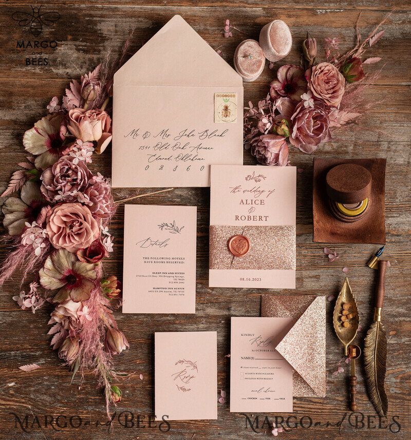 Rose Gold Wedding invitations UK, Luxury Glitter Wedding Invitations • Glamour Wedding Invitation Suite • Bluh Pink  Luxury  Wedding Cards-2