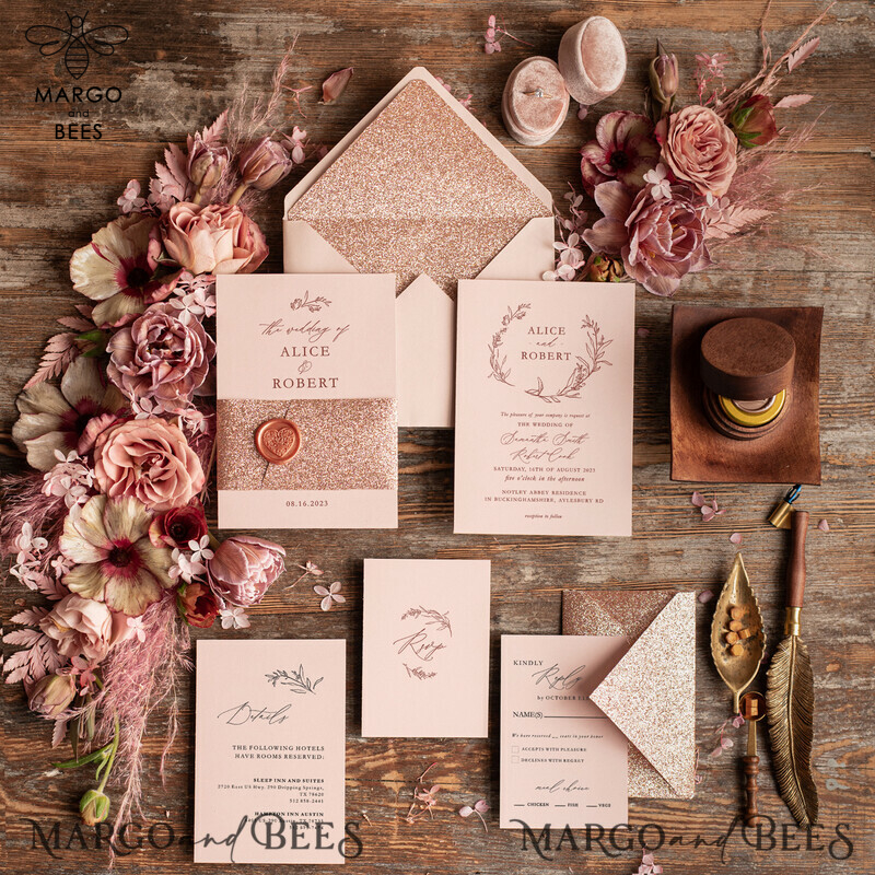 Rose Gold Wedding invitations UK, Luxury Glitter Wedding Invitations • Glamour Wedding Invitation Suite • Bluh Pink  Luxury  Wedding Cards-0