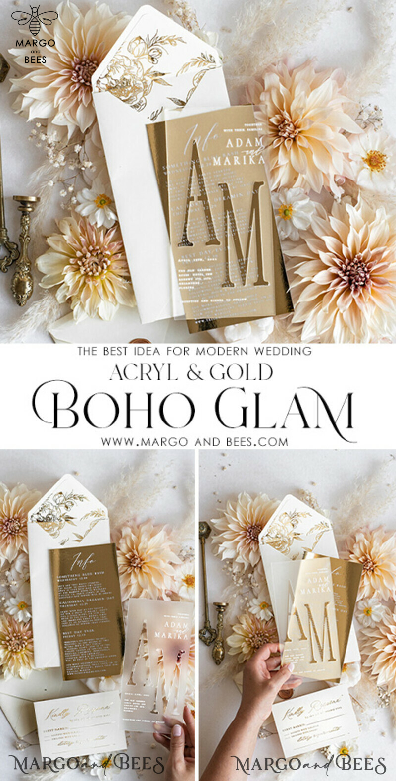 Acrylic Frozen Wedding Invitation Suite: Boho Glam with Golden Shine - Elegant Gold Wedding Cards-3