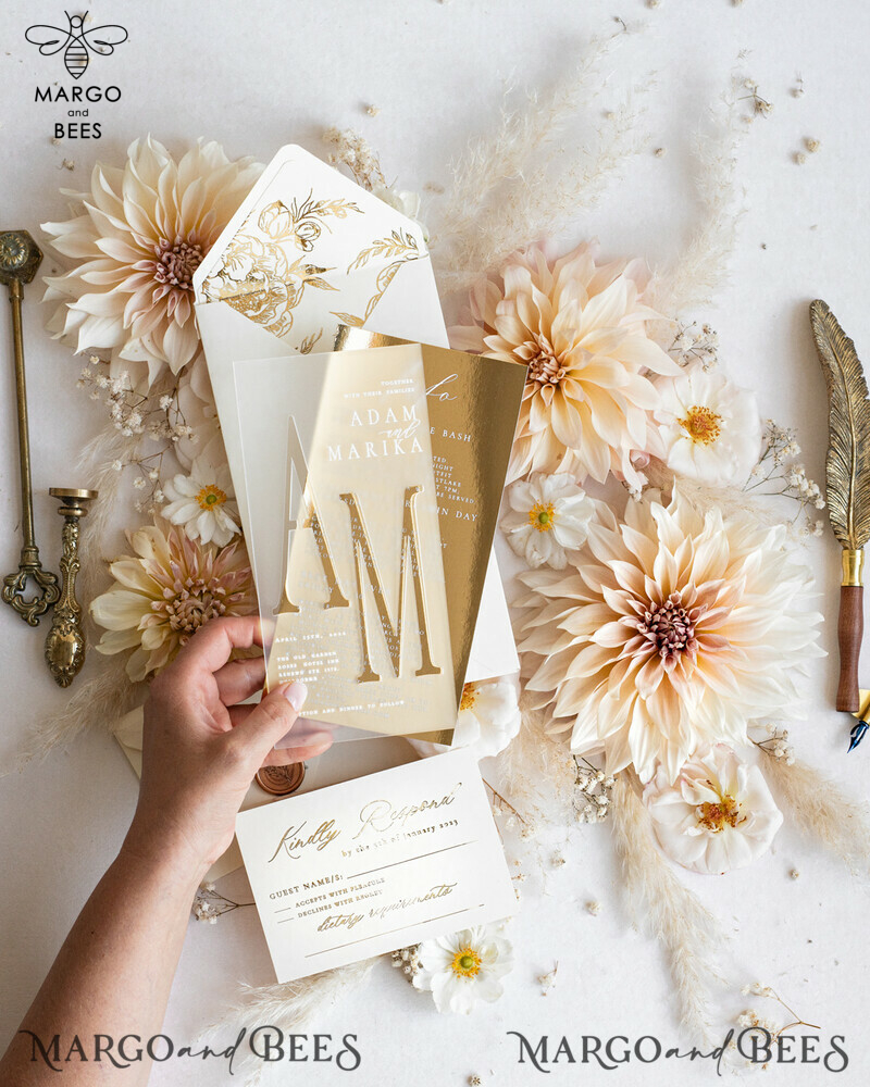 Acrylic Frozen Wedding Invitation Suite: Boho Glam with Golden Shine - Elegant Gold Wedding Cards-7