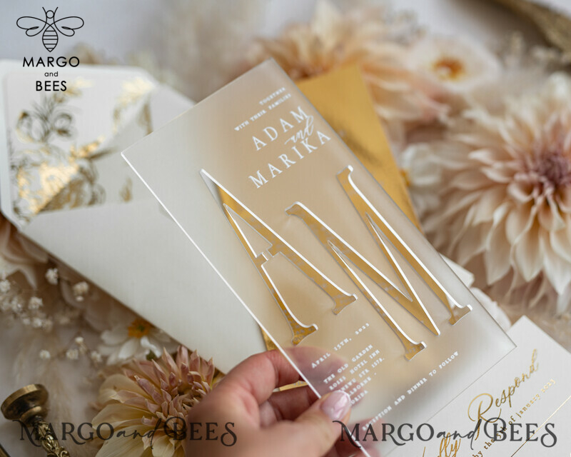Acrylic Frozen Wedding Invitation Suite: Boho Glam with Golden Shine - Elegant Gold Wedding Cards-8