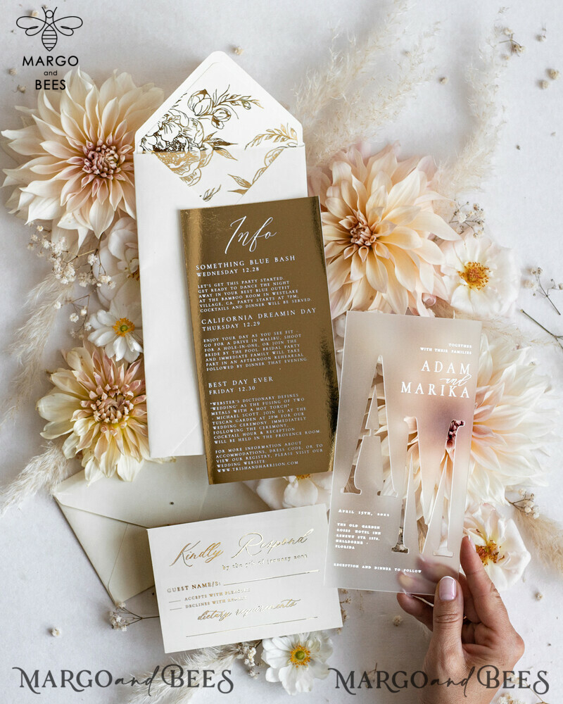 Acrylic Frozen Wedding Invitation Suite: Boho Glam with Golden Shine - Elegant Gold Wedding Cards-16