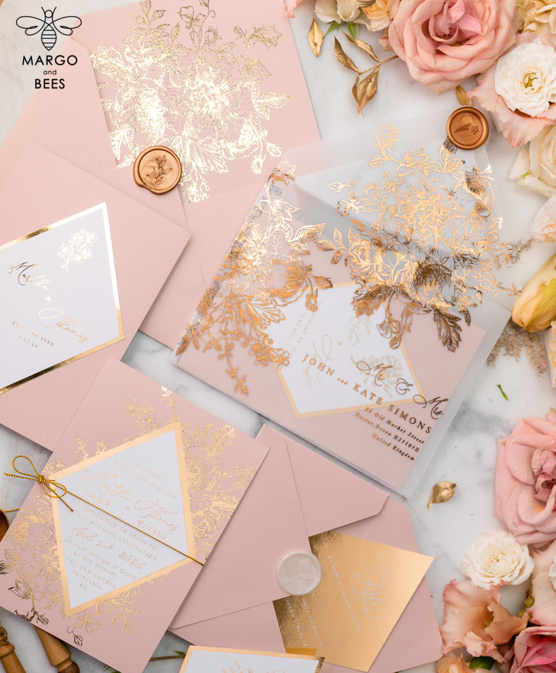 Luxory gold Wedding Invitations,  Vinatge Roses Elegant Wedding Stationery,  Pink Elegant Wedding Invitations Suite-11