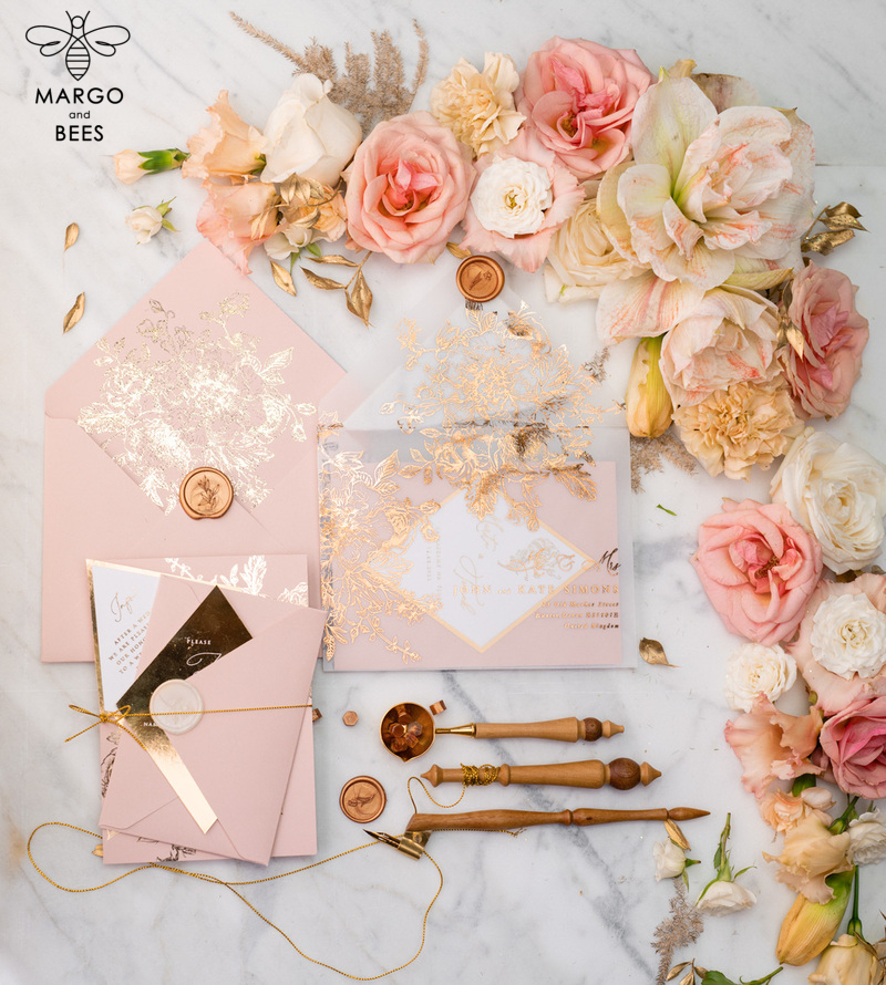 Luxory gold Wedding Invitations,  Vinatge Roses Elegant Wedding Stationery,  Pink Elegant Wedding Invitations Suite-12