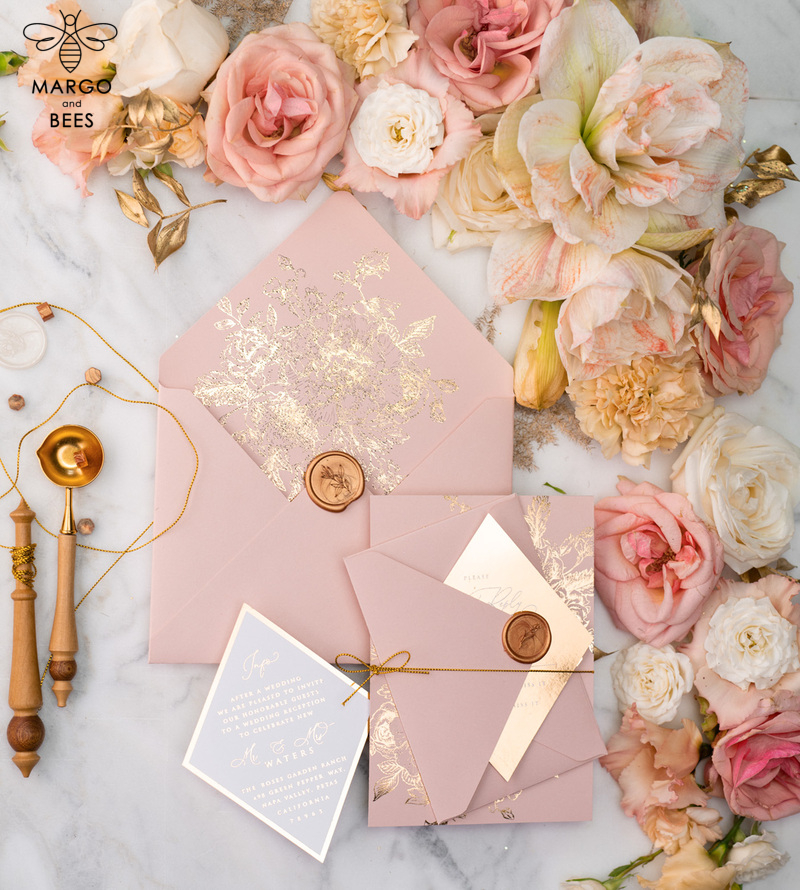 Luxory gold Wedding Invitations,  Vinatge Roses Elegant Wedding Stationery,  Pink Elegant Wedding Invitations Suite-19