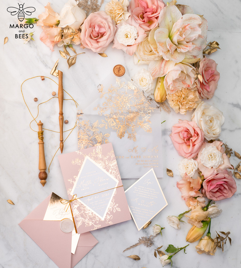 Luxory gold Wedding Invitations,  Vinatge Roses Elegant Wedding Stationery,  Pink Elegant Wedding Invitations Suite-21