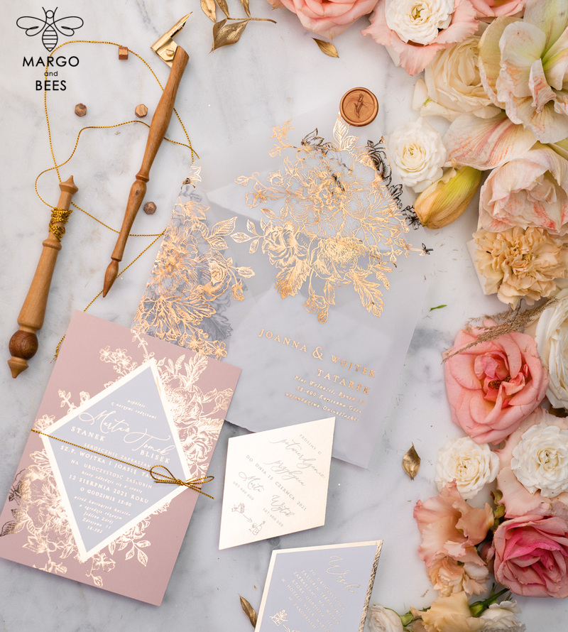 Luxory gold Wedding Invitations,  Vinatge Roses Elegant Wedding Stationery,  Pink Elegant Wedding Invitations Suite-22