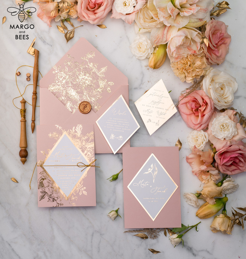 Luxory gold Wedding Invitations,  Vinatge Roses Elegant Wedding Stationery,  Pink Elegant Wedding Invitations Suite-24