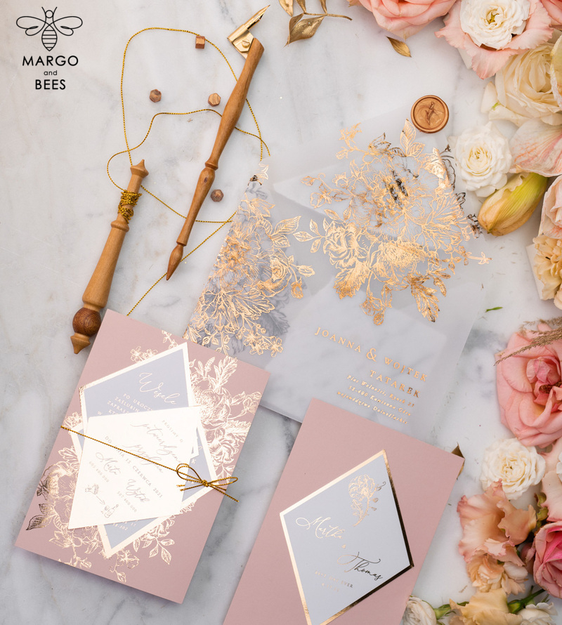 Luxory gold Wedding Invitations,  Vinatge Roses Elegant Wedding Stationery,  Pink Elegant Wedding Invitations Suite-25