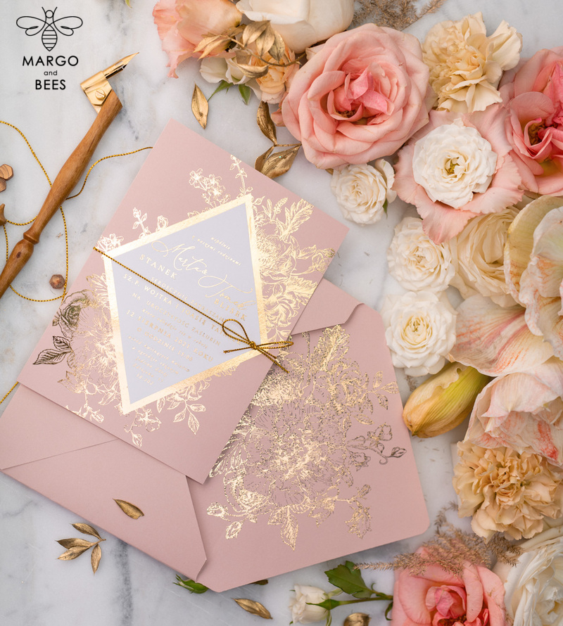 Luxory gold Wedding Invitations,  Vinatge Roses Elegant Wedding Stationery,  Pink Elegant Wedding Invitations Suite-26