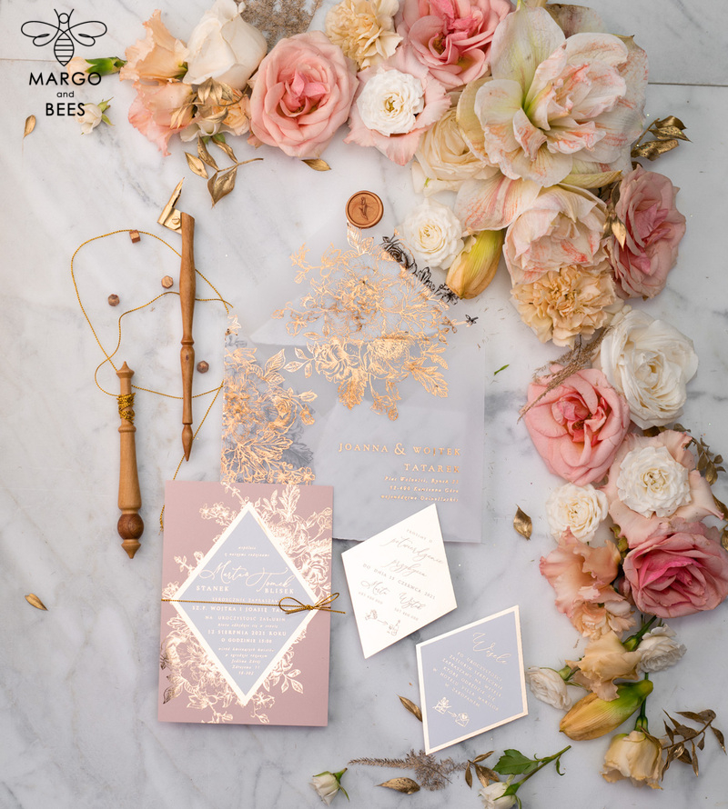 Luxory gold Wedding Invitations,  Vinatge Roses Elegant Wedding Stationery,  Pink Elegant Wedding Invitations Suite-27