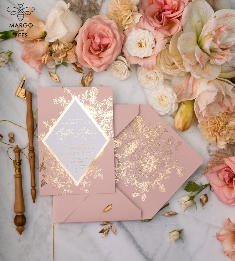 Luxory gold Wedding Invitations,  Vinatge Roses Elegant Wedding Stationery,  Pink Elegant Wedding Invitations Suite-28