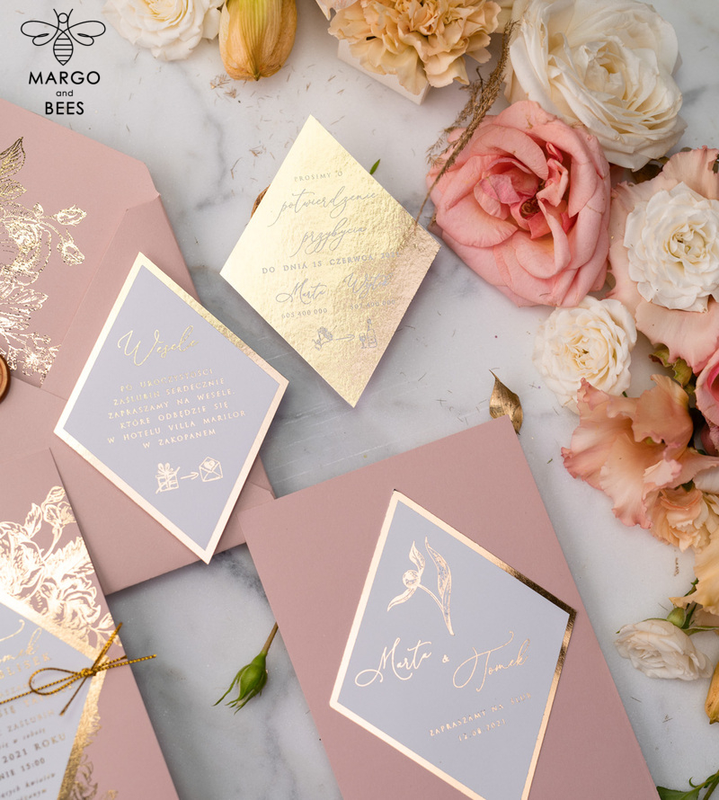 Luxory gold Wedding Invitations,  Vinatge Roses Elegant Wedding Stationery,  Pink Elegant Wedding Invitations Suite-31