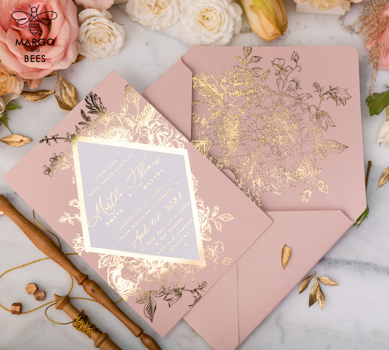 Luxory gold Wedding Invitations,  Vinatge Roses Elegant Wedding Stationery,  Pink Elegant Wedding Invitations Suite-33