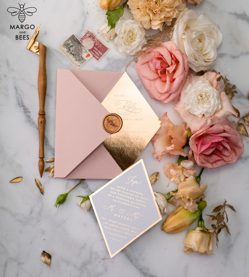 Luxory gold Wedding Invitations,  Vinatge Roses Elegant Wedding Stationery,  Pink Elegant Wedding Invitations Suite-35
