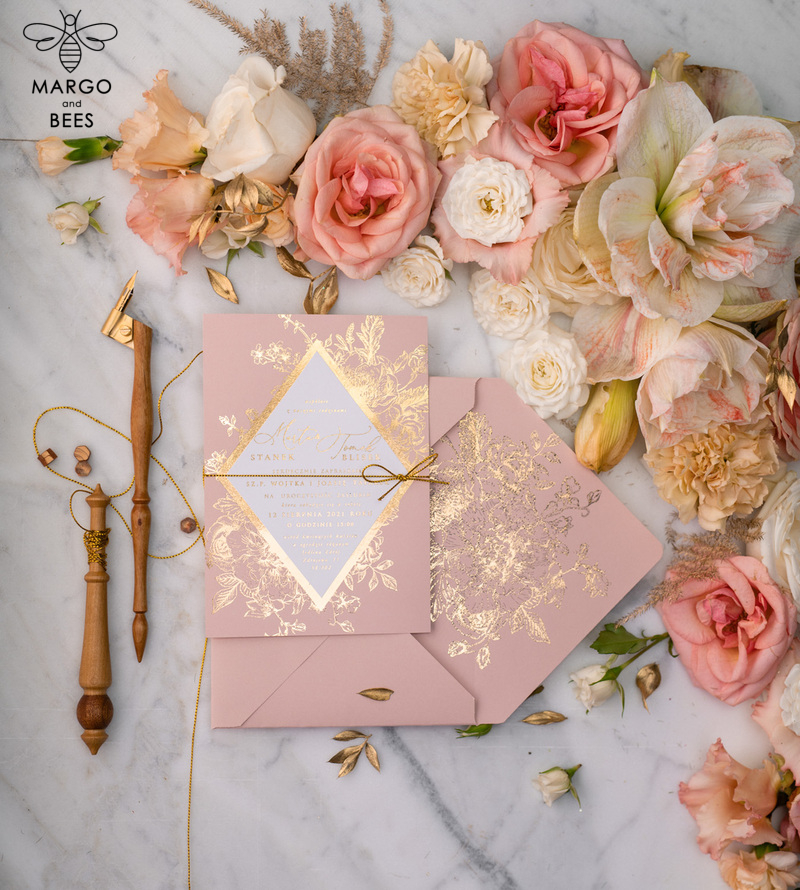 Luxory gold Wedding Invitations,  Vinatge Roses Elegant Wedding Stationery,  Pink Elegant Wedding Invitations Suite-37