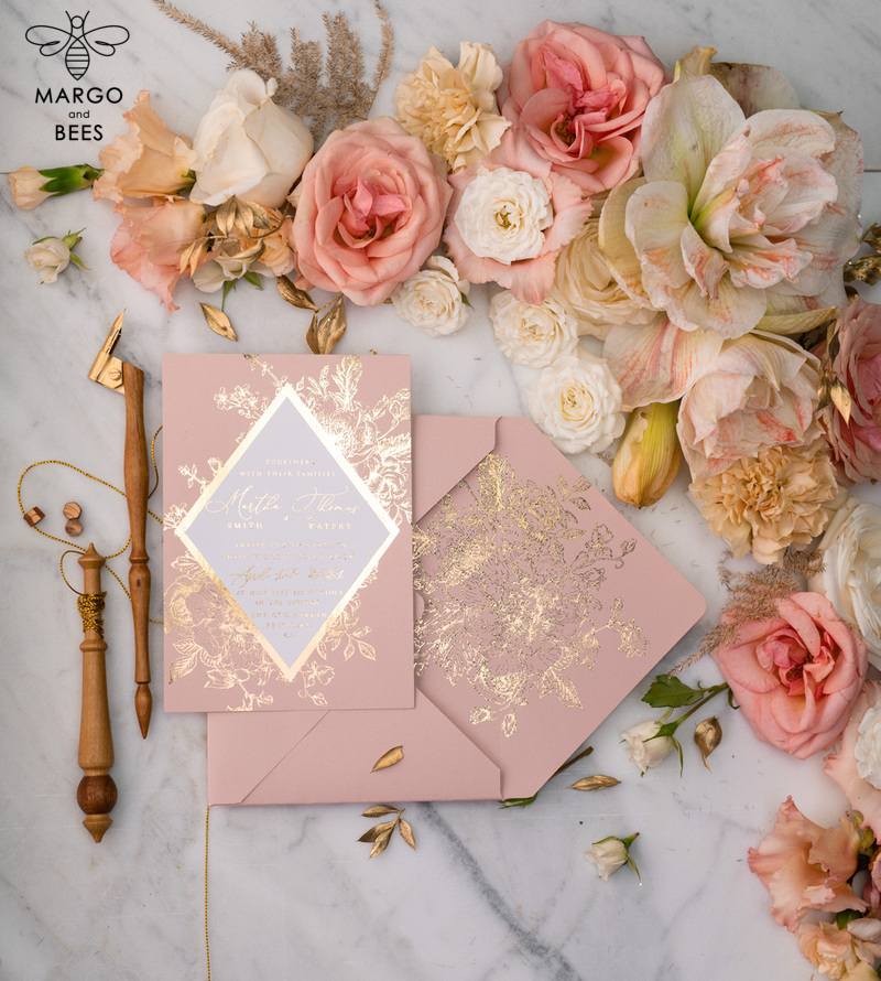 Luxory gold Wedding Invitations,  Vinatge Roses Elegant Wedding Stationery,  Pink Elegant Wedding Invitations Suite-38
