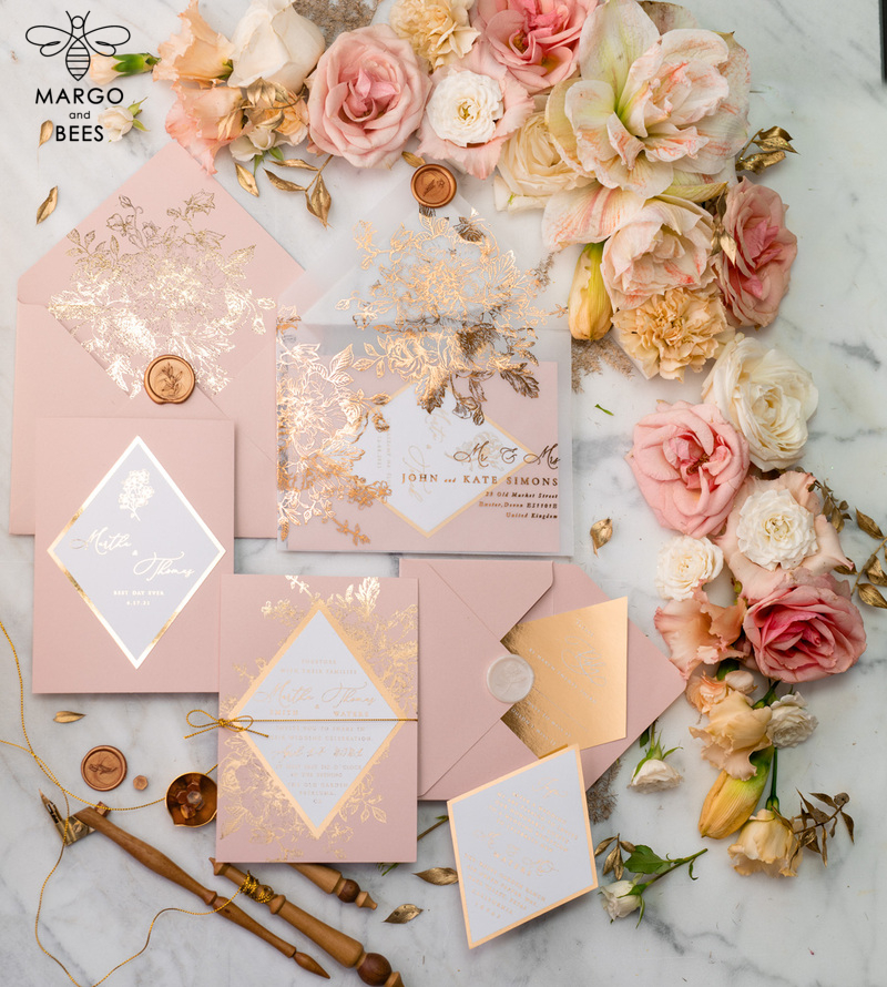 Luxory gold Wedding Invitations,  Vinatge Roses Elegant Wedding Stationery,  Pink Elegant Wedding Invitations Suite-4