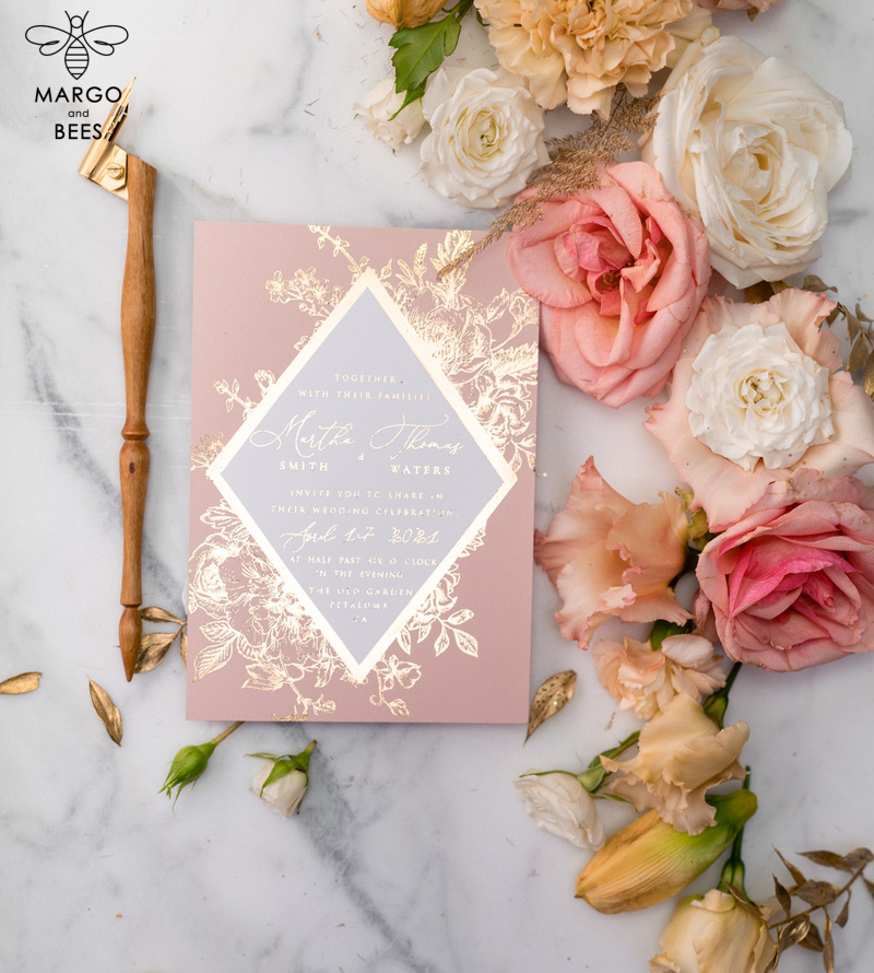 Luxory gold Wedding Invitations,  Vinatge Roses Elegant Wedding Stationery,  Pink Elegant Wedding Invitations Suite-39