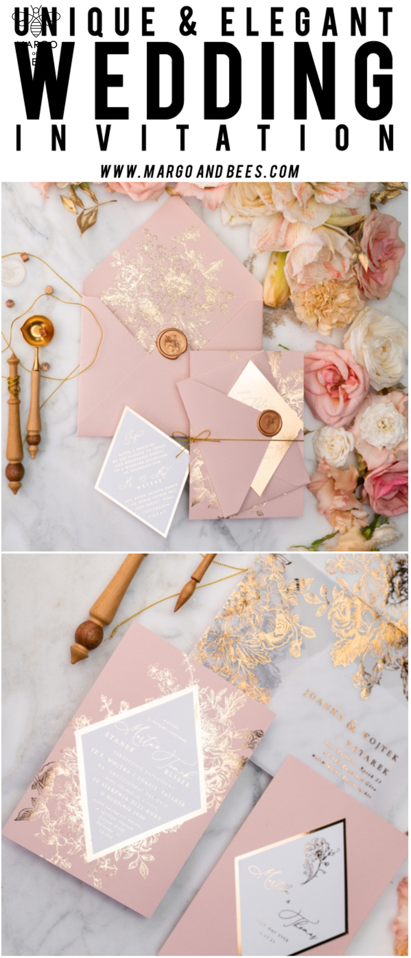 Luxory gold Wedding Invitations,  Vinatge Roses Elegant Wedding Stationery,  Pink Elegant Wedding Invitations Suite-45