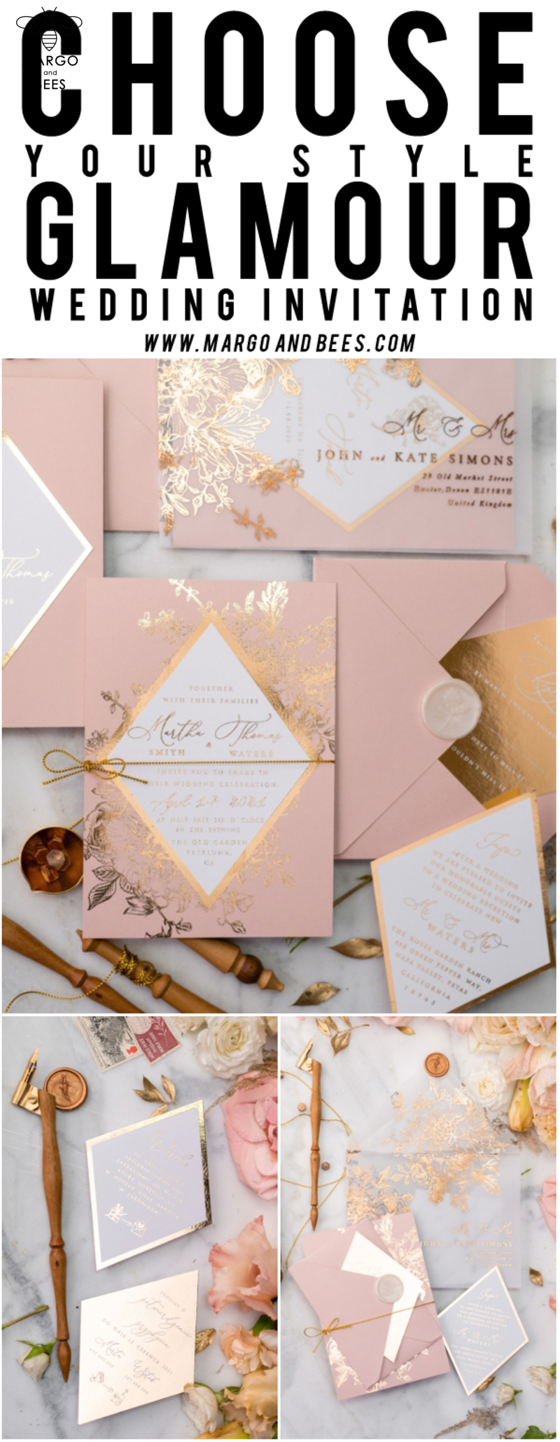 Luxory gold Wedding Invitations,  Vinatge Roses Elegant Wedding Stationery,  Pink Elegant Wedding Invitations Suite-46
