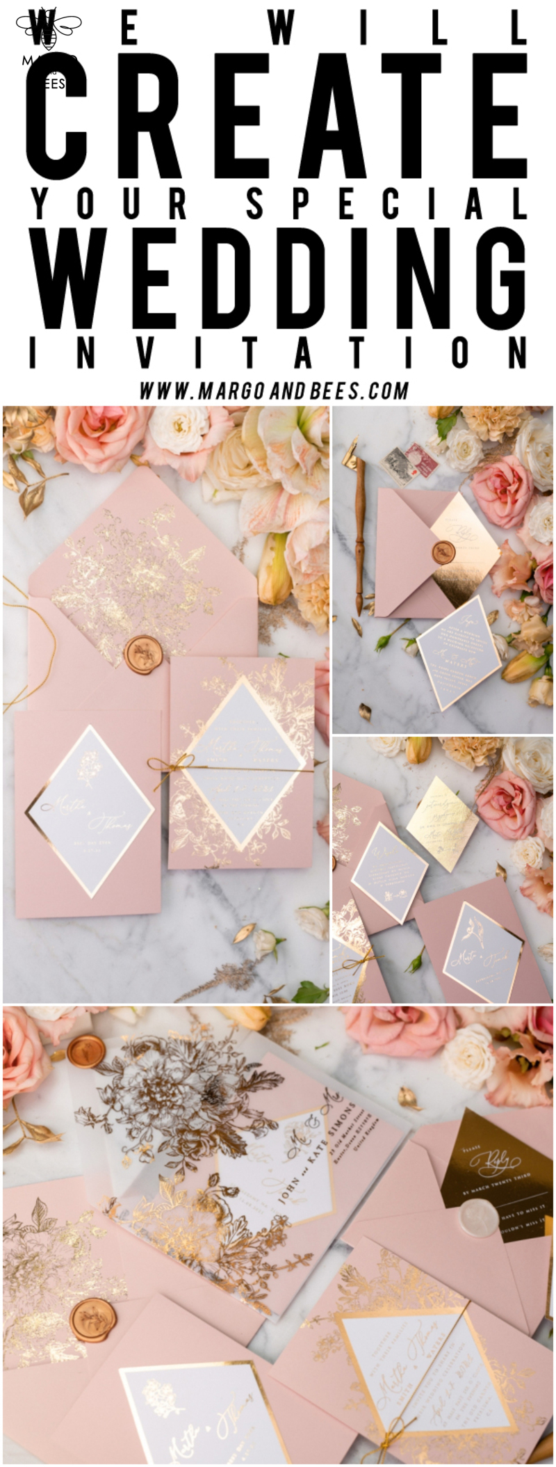 Luxory gold Wedding Invitations,  Vinatge Roses Elegant Wedding Stationery,  Pink Elegant Wedding Invitations Suite-47