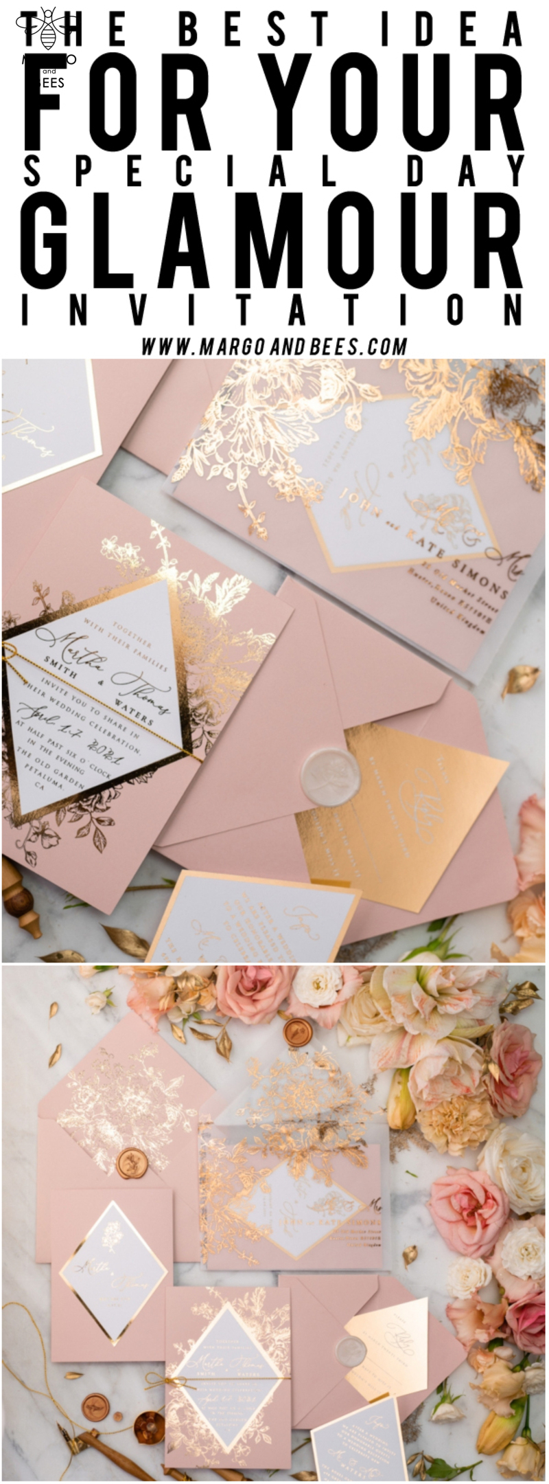 Luxory gold Wedding Invitations,  Vinatge Roses Elegant Wedding Stationery,  Pink Elegant Wedding Invitations Suite-48