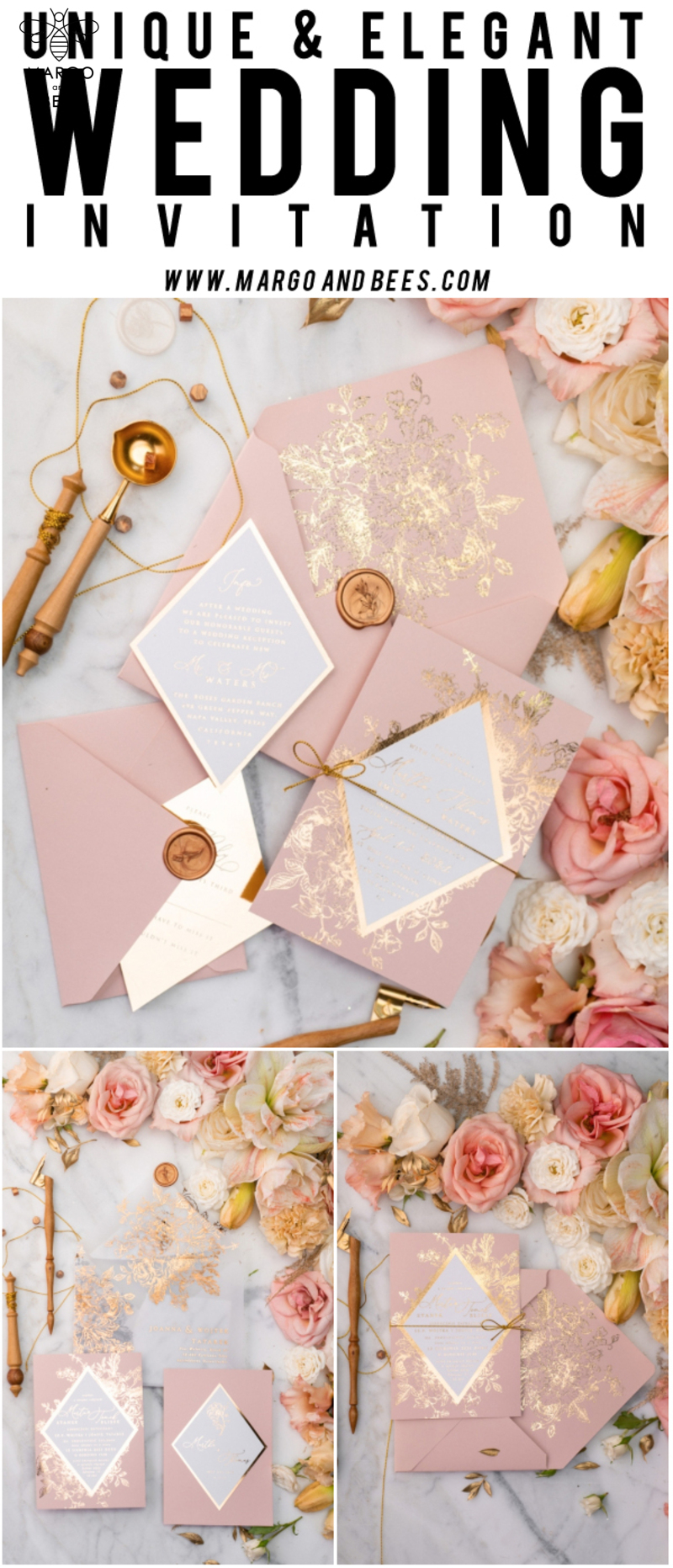 Luxory gold Wedding Invitations,  Vinatge Roses Elegant Wedding Stationery,  Pink Elegant Wedding Invitations Suite-49