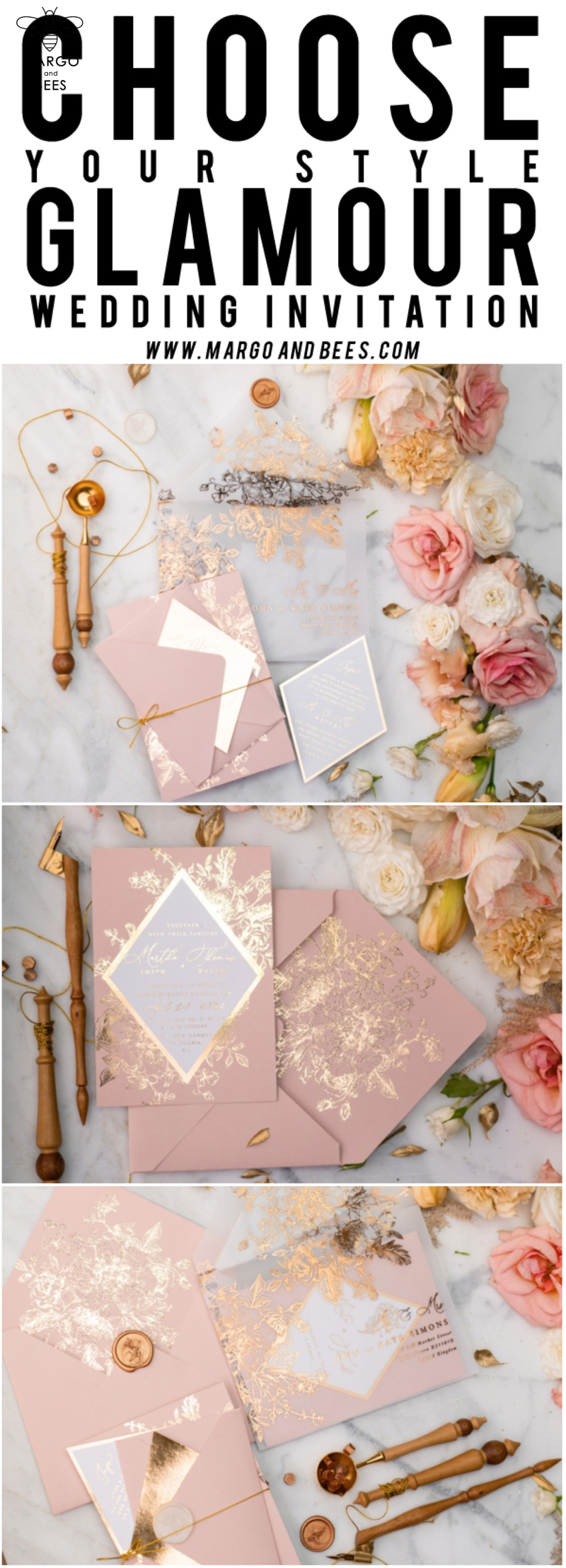 Luxory gold Wedding Invitations,  Vinatge Roses Elegant Wedding Stationery,  Pink Elegant Wedding Invitations Suite-50
