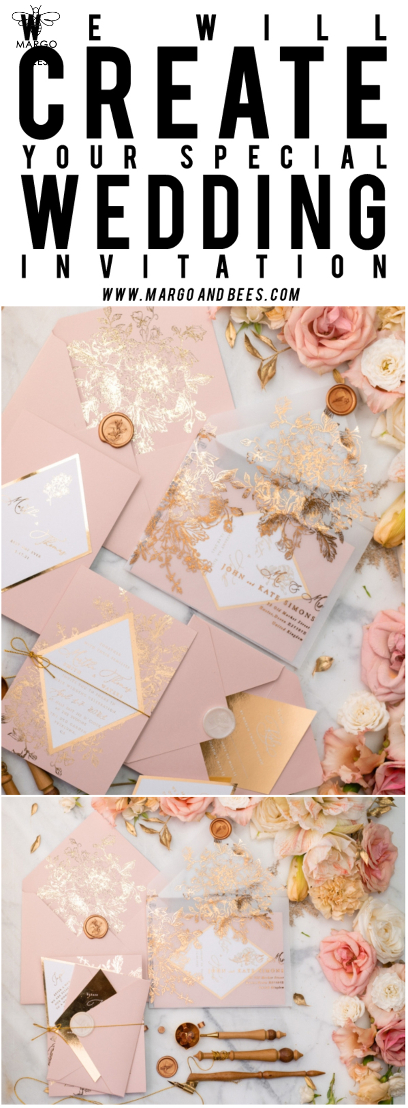 Luxory gold Wedding Invitations,  Vinatge Roses Elegant Wedding Stationery,  Pink Elegant Wedding Invitations Suite-51