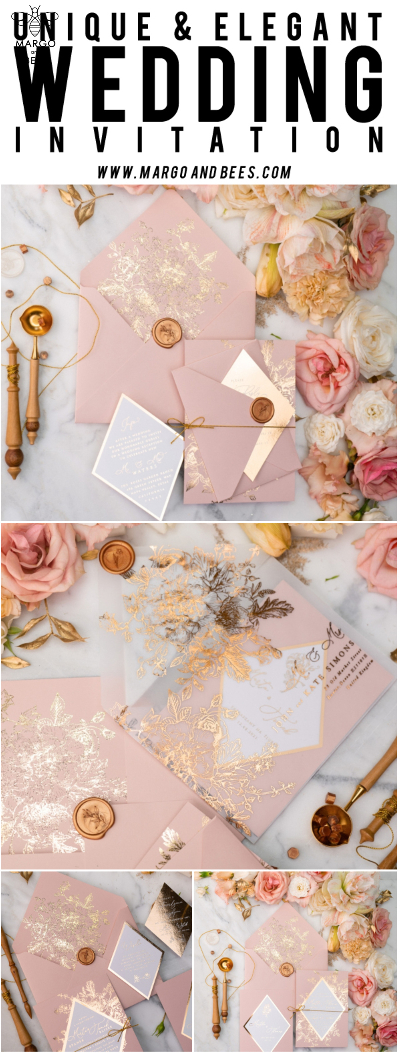 Luxory gold Wedding Invitations,  Vinatge Roses Elegant Wedding Stationery,  Pink Elegant Wedding Invitations Suite-53